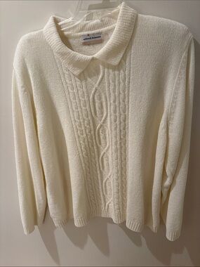 Alfred Dunner Ivory Cable-Knit Collar Sweater